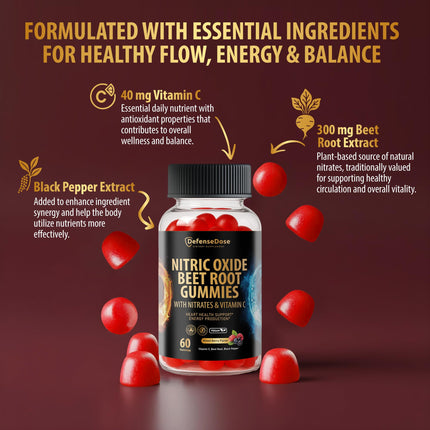 DefenseDose Beet Root Extract Gummies with Vitamin C & Black Pepper - 60 Vegan Soft Chews for Natural Energy, Vitality and Circulation Support