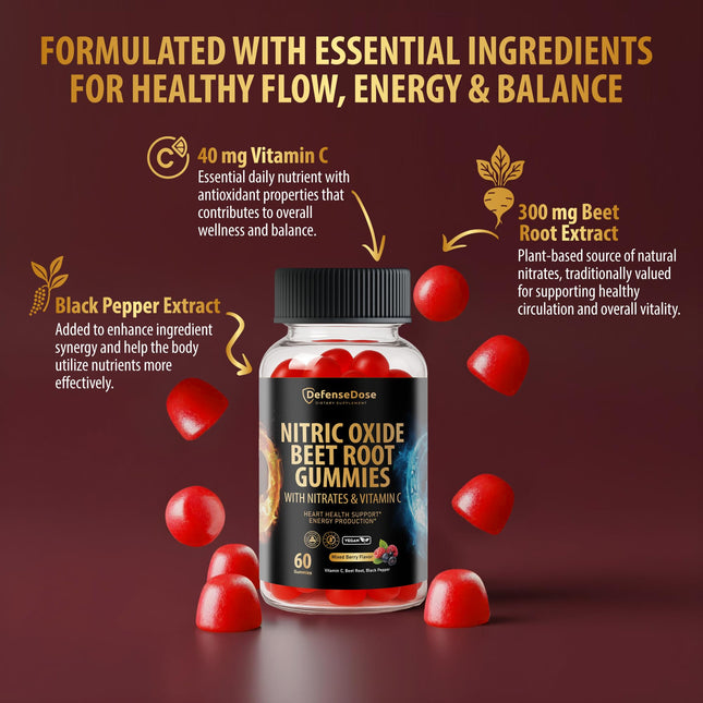 DefenseDose Beet Root Extract Gummies with Vitamin C & Black Pepper - 60 Vegan Soft Chews for Natural Energy, Vitality and Circulation Support