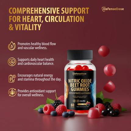 DefenseDose Beet Root Extract Gummies with Vitamin C & Black Pepper - 60 Vegan Soft Chews for Natural Energy, Vitality and Circulation Support