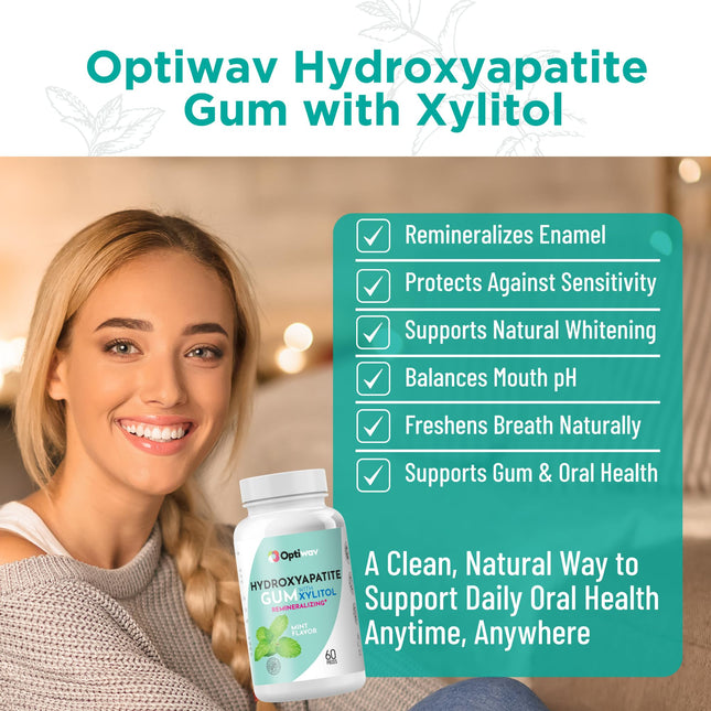 Optiwav Nano Hydroxyapatite Remineralizing Gum - Teeth Mineralizing Sugar Free Mint Gum with Xylitol - Enamel Care & Fresh Breath - 60 Pieces