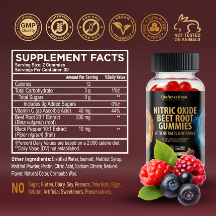 DefenseDose Beet Root Extract Gummies with Vitamin C & Black Pepper - 60 Vegan Soft Chews for Natural Energy, Vitality and Circulation Support